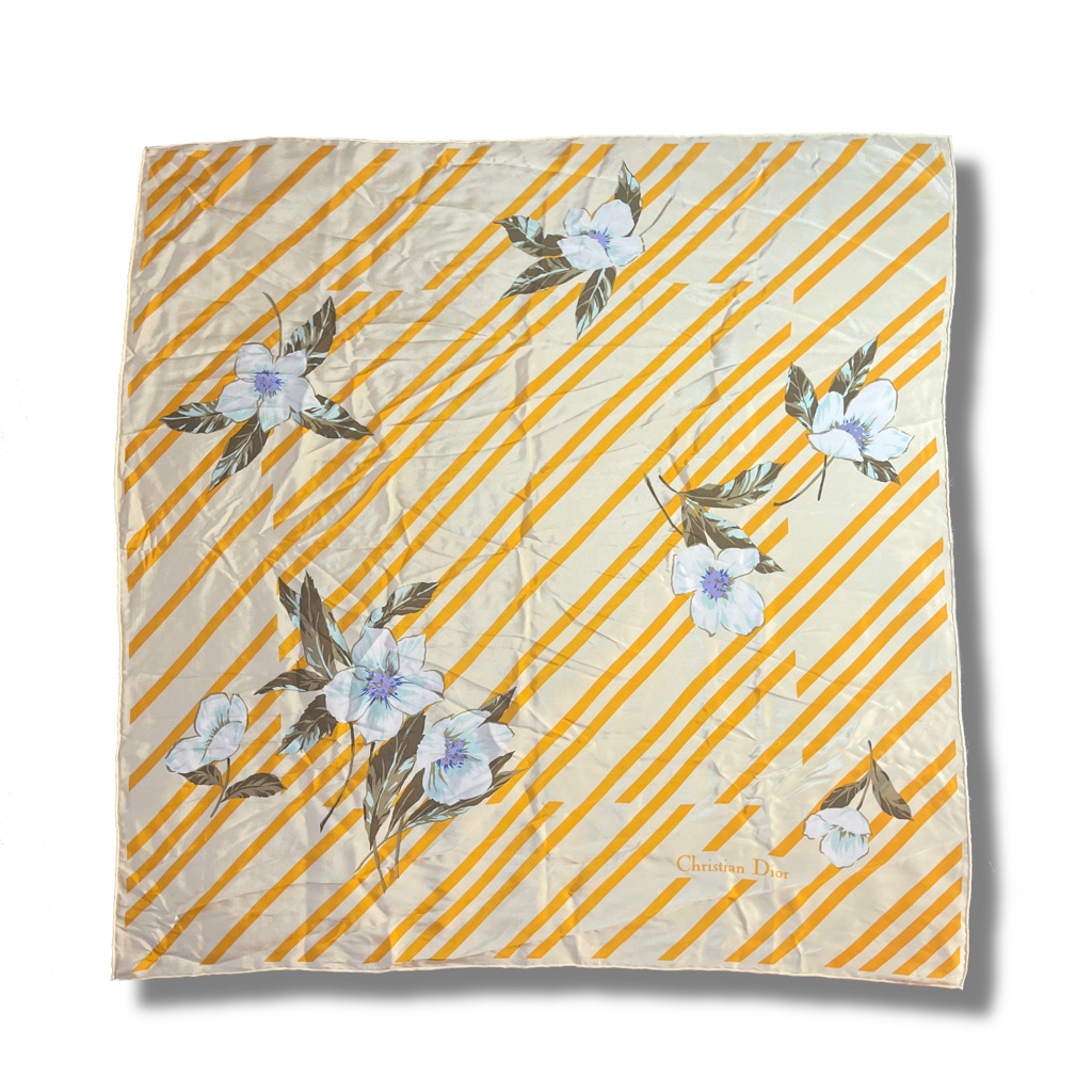 Vintage Christian Dior Silk Scarf Yellow Stripe Floral